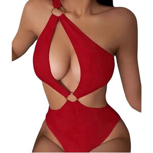 SHEIN Women’s One Shoulder Cut-Out Swimsuit – O-Ring Accents, Red, Size Small